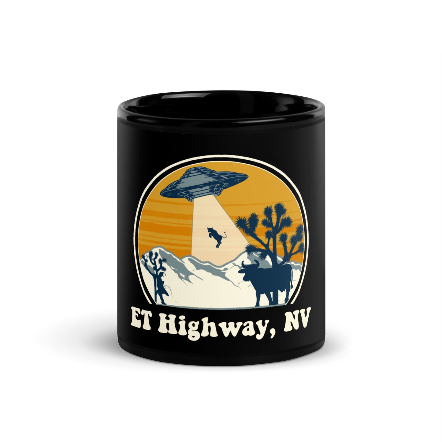 ET Highway Cattle Abduction Black Glossy Mug