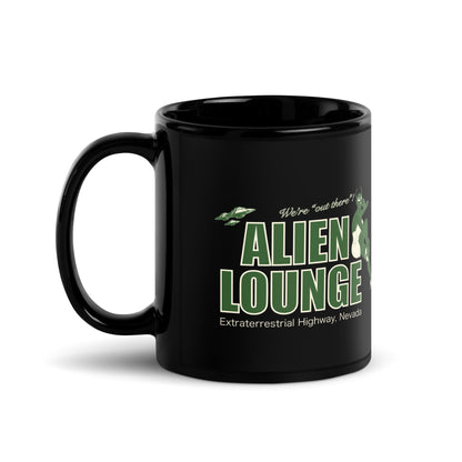 Alien Lounge "We're 'Out There'!" Black Glossy Mug