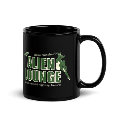 Alien Lounge "We're 'Out There'!" Black Glossy Mug